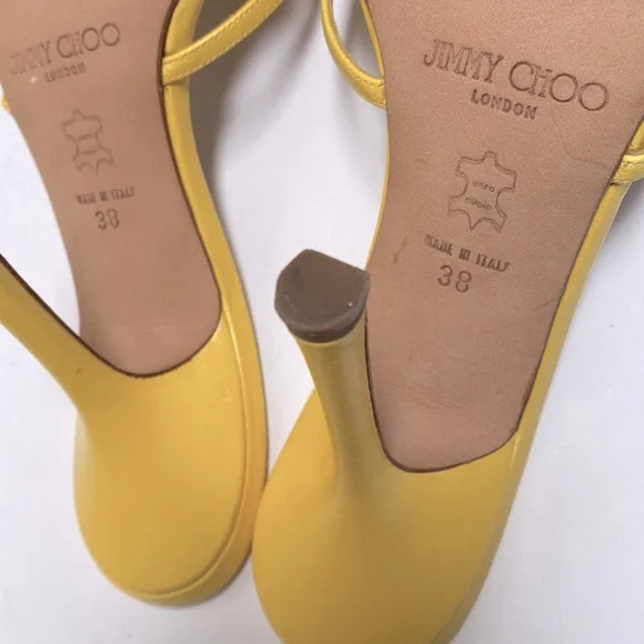 Jimmy Choo 💛 Strappy Kitten Sandal Heels in Yellow Size 7.5 Open Toe Mule Heel